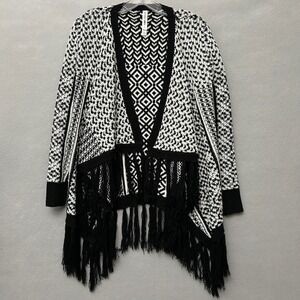 Bethany Mota Cardigan Women Small Black White Geometric Fringe Knit Sweater